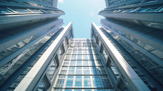 公司办公室摩天大楼的 3D 渲染从较低的角度展示未来派建筑