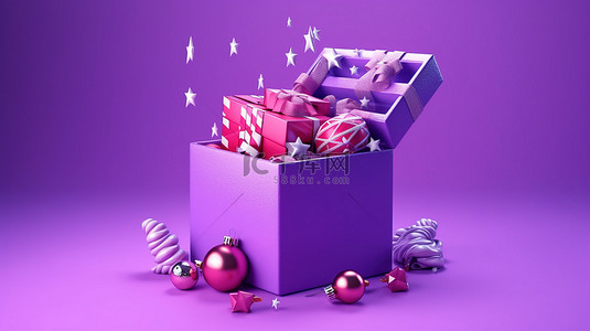 惊喜背景图片_节日的 3D 渲染在充满活力的紫色背景上用装饰品展开圣诞惊喜