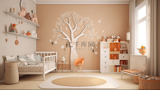 传统儿童卧室的白色 3D 渲染