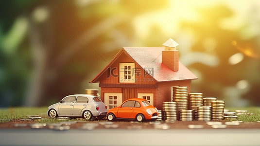 保险背景图片_家庭和汽车与一堆硬币在 3D 渲染中说明家庭安全和保险
