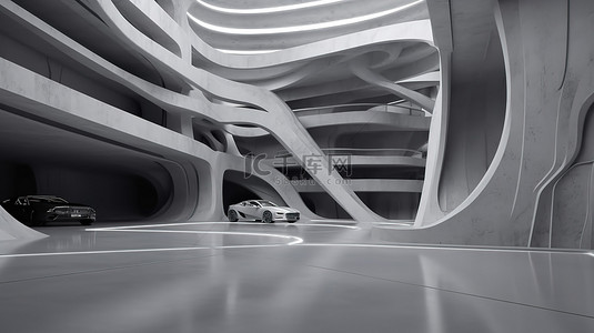 抽象未来派建筑 3D 渲染中的混凝土地板汽车展示