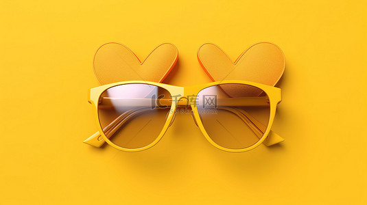温暖的夏日氛围白色太阳镜在 3D 阳光明媚的黄色背景上传递爱