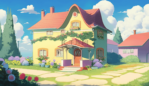 草地鲜花房屋建筑可爱的卡通房子背景