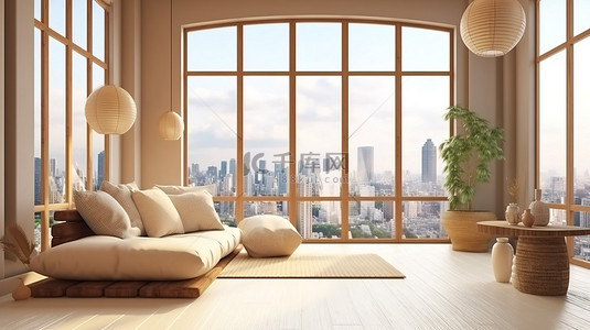 日式插花背景图片_日式客厅的 3D 渲染，具有现代室内设计和透过窗户的城市景观