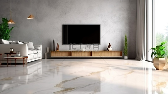 电视柜背景图片_在空荡荡的客厅宽敞的混凝土地板上智能电视模型的 3D 渲染