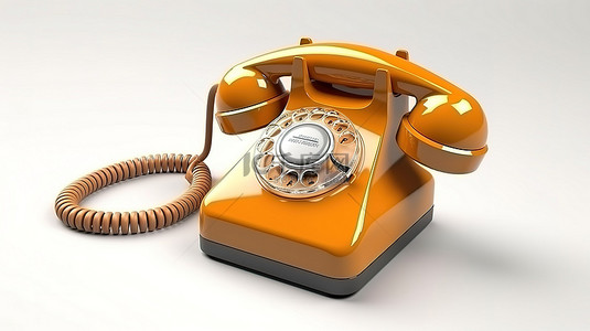 橙色色调白色背景老式旋转电话的 3D 渲染