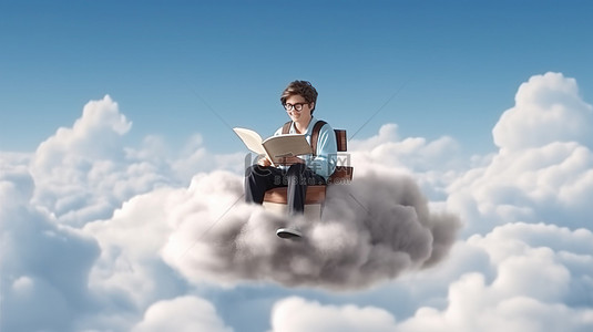 狂热的读者，一个年轻人全神贯注于天云 3d 渲染上的文学