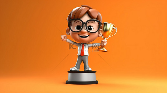 卡通商务人士拿着 3D 渲染插图中的奖杯