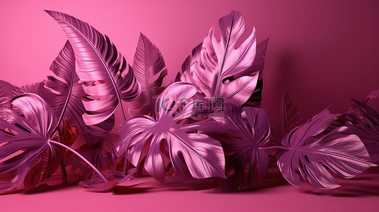 明亮的紫色背景下生动的 3D 粉色热带树叶