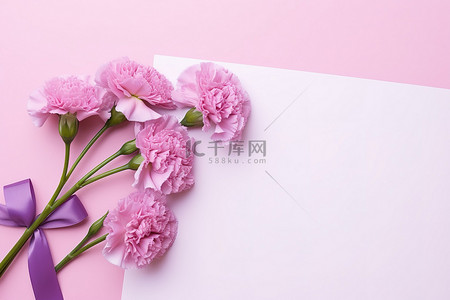 粉红色康乃馨和粉红色背景复制空间上的礼品纸