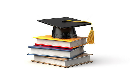 回到学校毕业帽和白色背景 3D 渲染的书籍