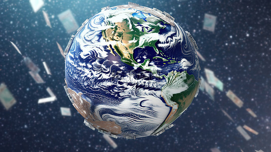 支持地球和美国商业区的全球经济钞票在 NASA 3D 渲染中捕获