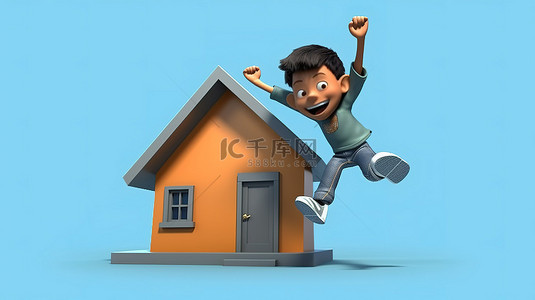 快乐的亚洲青少年用 3d 灰色房子标志跳跃