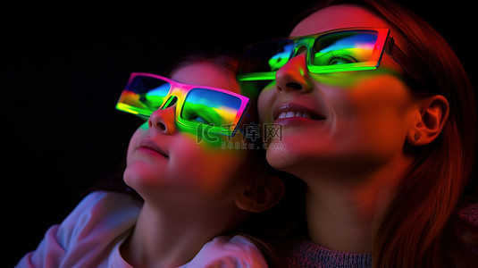 妈妈和孩子背景图片_戴着 3d 眼镜的妈妈和女儿欣赏电影
