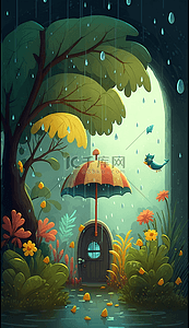 伞背景图片_树植物伞雨中的花园背景