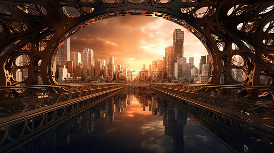 未来之桥分形城市景观中令人惊叹的金属创作抽象数字艺术品