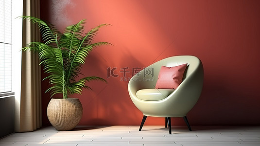 绿色空间背景图片_充满活力的绿色空间，配有米红色躺椅和 3D 盆栽植物