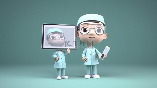 可爱的卡通医生和护士在 3D 渲染中展示在大屏幕平板电脑上的书写