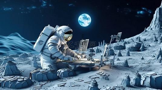 科学家宇航员在 3D 渲染的月球定居点内操作他的太空笔记本电脑