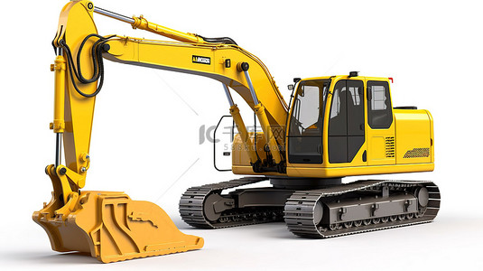 白色背景上孤立的 3d 黄色挖掘机重型工程机械