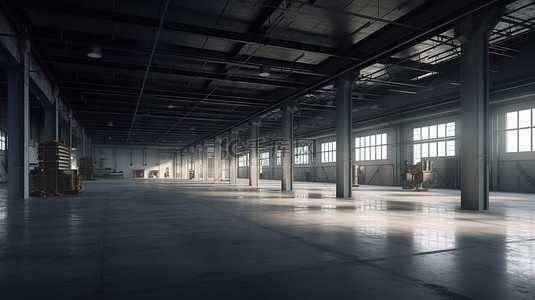 3D 渲染中描绘的一个巨大的仓库，展示了其巨大的空旷
