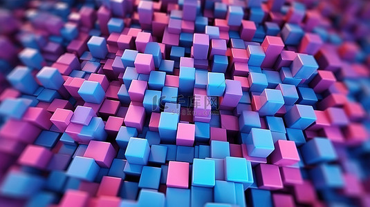 方条中的混乱抽象 3D 渲染的带有粉色和蓝色色调的几何背景