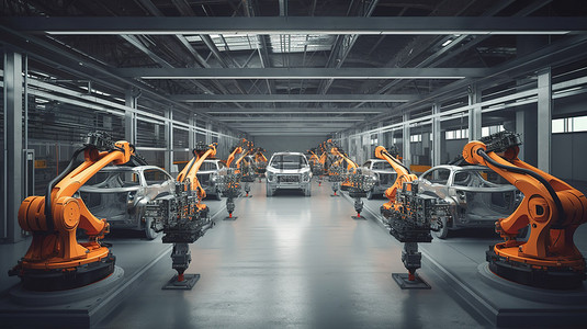 工业背景图片_汽车厂的机器人装配线 3D 渲染