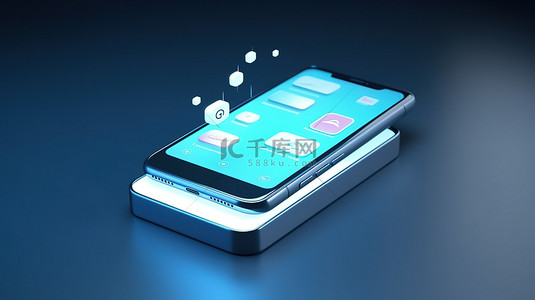 蓝色背景，带有 3d 渲染的智能手机和缩略图聊天框图标