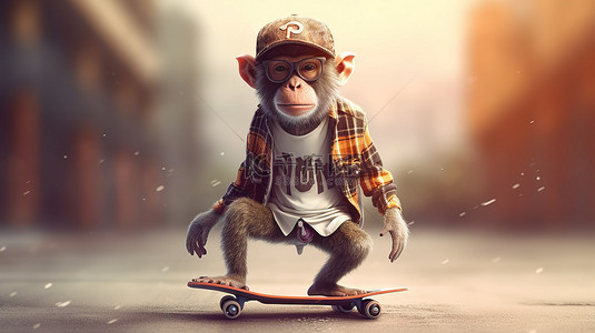 滑板猴子在时尚时髦风格 3D 渲染插图