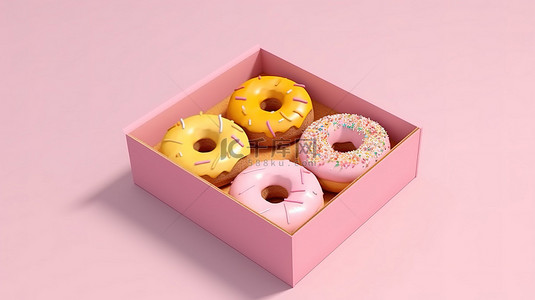 盒子里创意最小甜甜圈设计的等距 3D 渲染