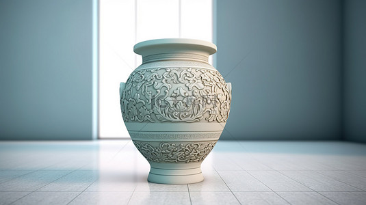 博物馆或画廊展台上陶瓷花瓶的 3D 渲染