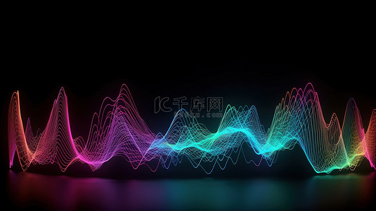 3D 渲染抽象霓虹灯背景中的紫外光谱发光声波与声波元素