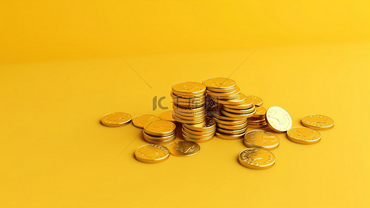 黄色背景上金币的 3D 渲染作为在线赌场和购物的象征