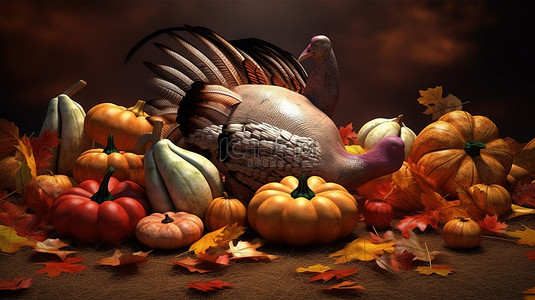 感恩火鸡背景图片_感恩节横幅，上面有烤火鸡南瓜和秋叶，3D 插图