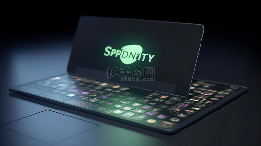 在灰色背景中放置在笔记本电脑上的 3D 渲染中的 Spotify 徽章