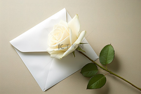 白玫瑰和背景上的信封