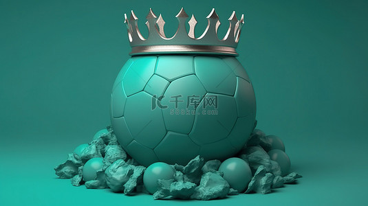 绿松石皇冠与足球在 3D 渲染插图中隔离在彩色背景上