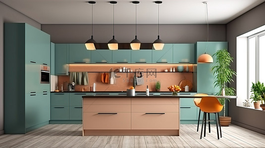 时尚别致的现代厨房家具，采用深绿松石色调，为您的家带来时尚升级
