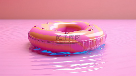 简约 3D 渲染暑假概念，粉色背景充气游泳圈