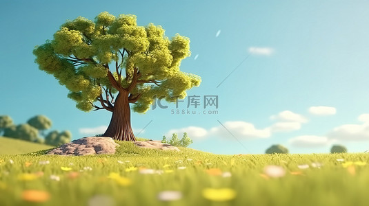 田野中一棵树的大自然画布 3D 卡通插图