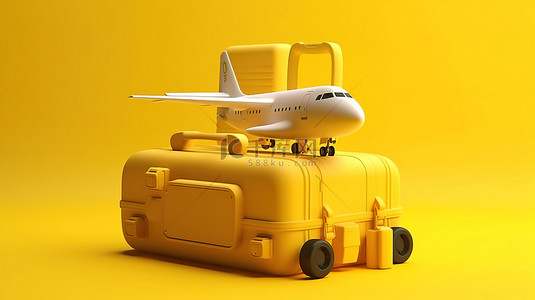 黄色背景中旅行主题场景手提箱相机飞机和智能手机的 3d 插图