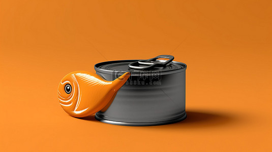 单色金枪鱼罐头在橙色背景下的 3d 渲染