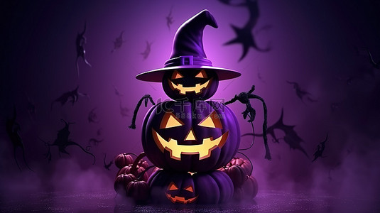 幽灵般的夜晚，杰克 o 灯笼南瓜女巫帽子和蝙蝠在满月下紫色背景 3d 渲染万圣节图像