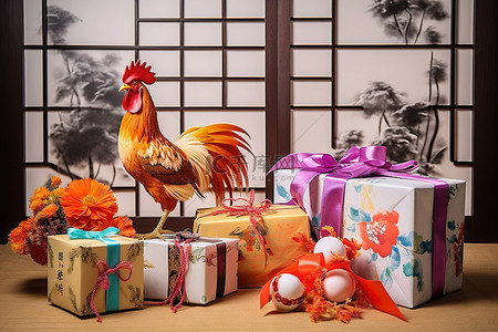 竹包装背景图片_一套色彩缤纷的礼物，里面有一只公鸡和一些盒子
