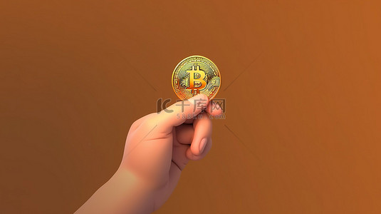 手绘卡通插图，显示一个人在白色背景上持有 3D 比特币，非常适合加密货币爱好者