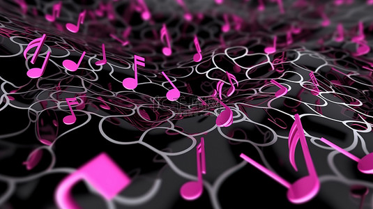 3D 插图黑色乐谱背景上的粉色注意到卡通设计