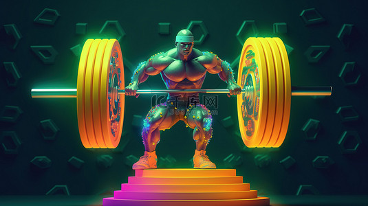 拉新背景图片_新加密世界中肌肉发达的人举起沉重的杠铃的 3D 插图