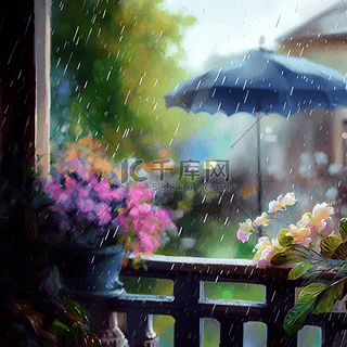 花朵雨滴伞雨中的阳台花园花卉背景