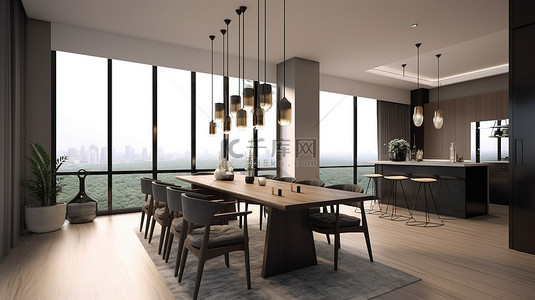 在 3D 渲染的公寓内部可视化现代用餐空间