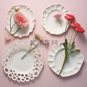 圆点背景图片_带有圆点板和几朵粉红色花朵的白色盘子